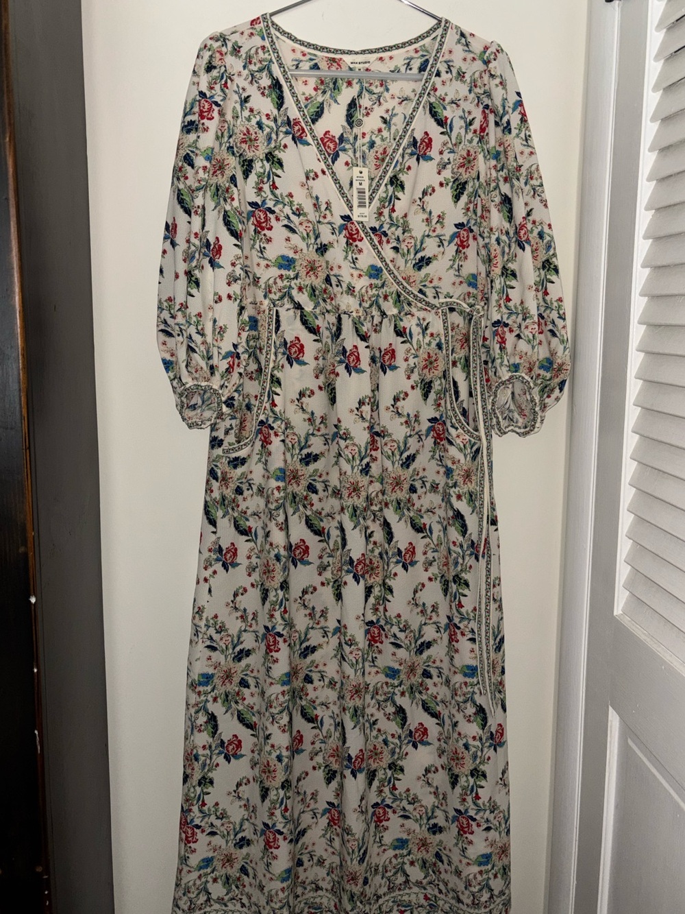 Max Studio Cream Maxi Wrap Dress with Red & Blue Floral Print